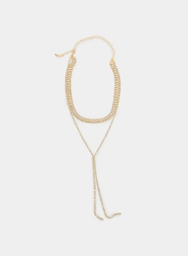 Gold Rhinestone Y Lariat Necklace